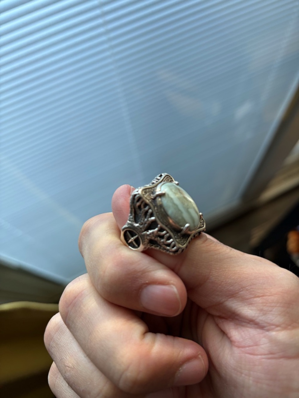 Sterling-Style Men’s Silver Ring with White Marbled Stone - Picture 3 of 5